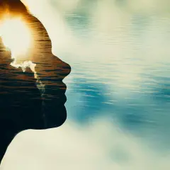 Silueta de perfil de una persona con un atardecer sobre el agua reflejado en su interior. Un momento para reflexionar, no discutir.