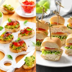 Deliciosos aperitivos para comuniones: bruschettas con aguacate y anchoas, y mini hamburguesas con queso y lechuga.