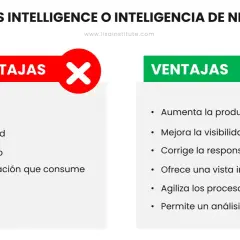 Ventajas y desventajas del curso de business intelligence: aumenta productividad, mejora visibilidad, pero tiene costo y complejidad.