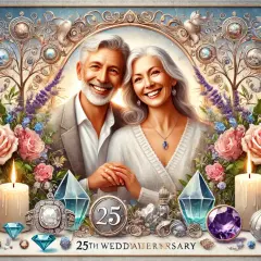 Pareja sonriente celebra 25 años de casados. Ideas para bodas de plata: regalos, joyas y flores adornan la escena.
