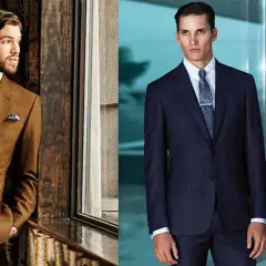 Hombres con trajes elegantes, uno marrón y dos azul marino, listos para un dress code gala.