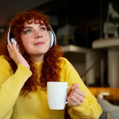 Chica con cabello rizado y suéter amarillo, con auriculares y taza, disfrutando de lo que parece ser la mejor manera de aprender inglés.