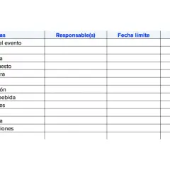 Tabla de planificación para eventos corporativos, detallando tareas como definir objetivos, logística, presupuesto y promoción.