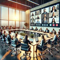 Sala de conferencias moderna con personas reunidas alrededor de una mesa y participantes en pantalla, ideal para eventos híbridos.