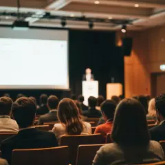 Asistentes en una sala de conferencias, escuchando atentamente a un orador en el escenario durante una **convención empresarial**.