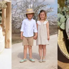 Un niño y una niña, como pajes, lucen calzado de esparto. Zapatos de tela y esparto en cestas y sobre un taburete.