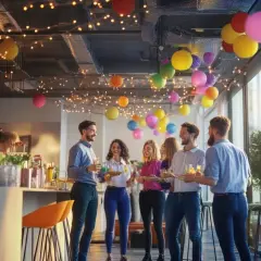 Gente celebrando en una fiesta de oficina, con globos y luces. Un ejemplo de eventos corporativos alegres.