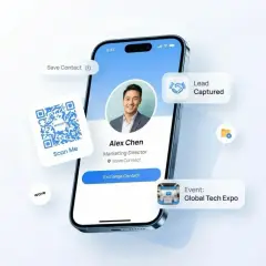 Un teléfono muestra un perfil de Alex Chen, Director de Marketing. Un código QR y burbujas de texto indican "Lead Captured" y "Event: Global Tech Expo", ideal para una feria empresarial.