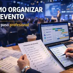Una organizadora de eventos revisa listas y cronogramas en una laptop y tablet, preparándose para un evento profesional.