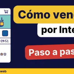 Ilustración de un teléfono móvil mostrando un escritorio y un carrito de compras, con el texto "Cómo vender por Internet paso a paso", ideal para el desarrollo de ecommerce.