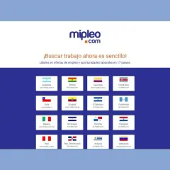Página web de Mipleo.com, con el lema "¡Buscar trabajo ahora es sencillo!". Muestra banderas y enlaces a aplicaciones para buscar trabajo en España y otros 16 países.
