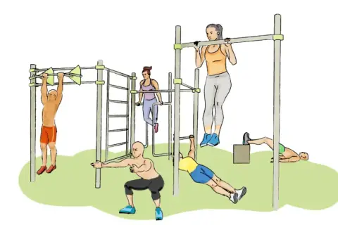 Personas entrenando calistenia que es un ejercicio con peso corporal en barras y estructuras.