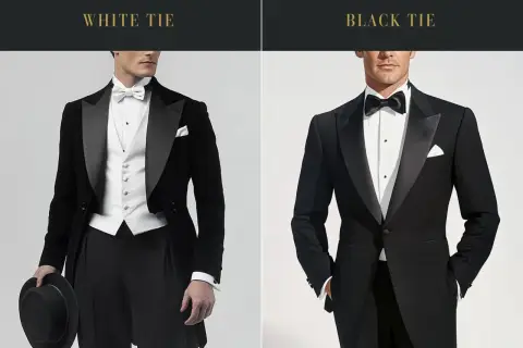 Dos hombres con trajes formales. El de la izquierda, con frac y chaleco blanco, lleva un sombrero de copa. El de la derecha, con esmoquin, luce un elegante black tie.