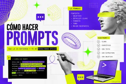 Guía visual para crear prompts efectivos para IA, con ejemplos y la fórmula para obtener mejores respuestas.