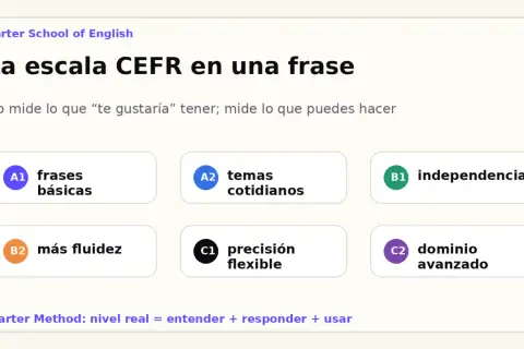 Escala CEFR de Carter School of English: A1 frases básicas, A2 temas cotidianos, B1 independencia, B2 más fluidez, C1 precisión flexible, C2 dominio avanzado. Mide lo que puedes hacer.