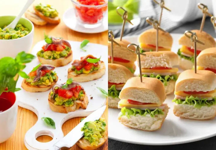 Deliciosos aperitivos para comuniones: bruschettas con aguacate y anchoas, y mini hamburguesas con queso y lechuga.