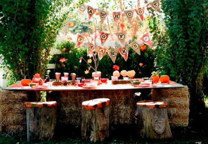Mesa rústica con decoración otoñal para adultos, ideas para cumpleaños al aire libre fáciles. ¡Perfecta para una celebración campestre!