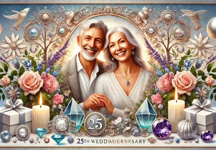 Pareja sonriente celebra 25 años de casados. Ideas para bodas de plata: regalos, joyas y flores adornan la escena.