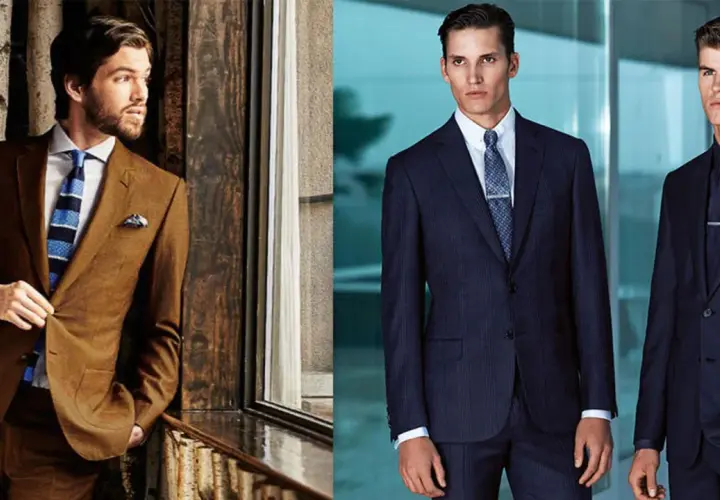 Hombres con trajes elegantes, uno marrón y dos azul marino, listos para un dress code gala.
