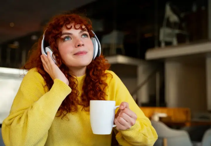 Chica con cabello rizado y suéter amarillo, con auriculares y taza, disfrutando de lo que parece ser la mejor manera de aprender inglés.