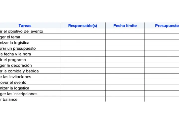 Tabla de planificación para eventos corporativos, detallando tareas como definir objetivos, logística, presupuesto y promoción.