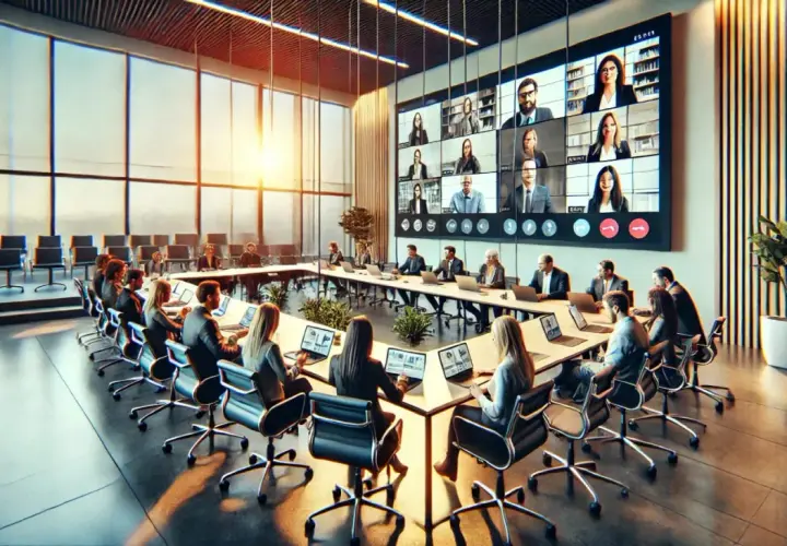 Sala de conferencias moderna con personas reunidas alrededor de una mesa y participantes en pantalla, ideal para eventos híbridos.