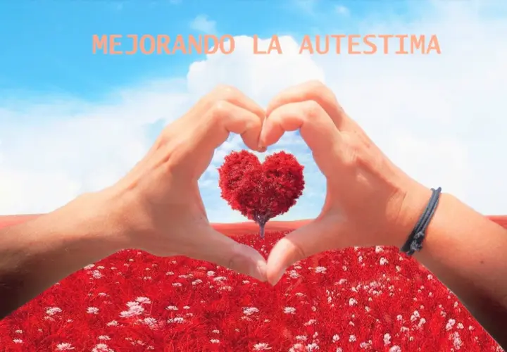 Manos formando un corazón, árbol en forma de corazón, campo rojo. Ideas para actividades para trabajar el autoconcepto en adultos.