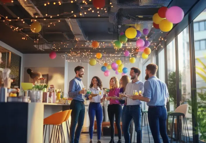 Gente celebrando en una fiesta de oficina, con globos y luces. Un ejemplo de eventos corporativos alegres.