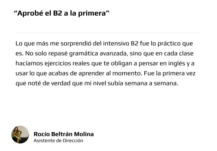 Testimonio de Rocio: "Aprobé el B2 a la primera". El mejor curso inglés B2 online gratis, práctico y con ejercicios reales.