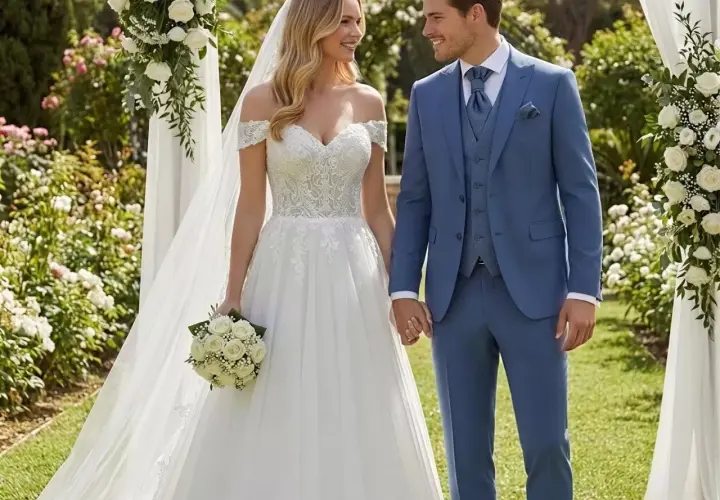 Novia con vestido blanco y novio con traje azul, perfectos para el dress code bodas.