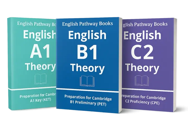 Libros de teoría de inglés para distintos niveles: A1, B1 y C2. Preparación para exámenes Cambridge.