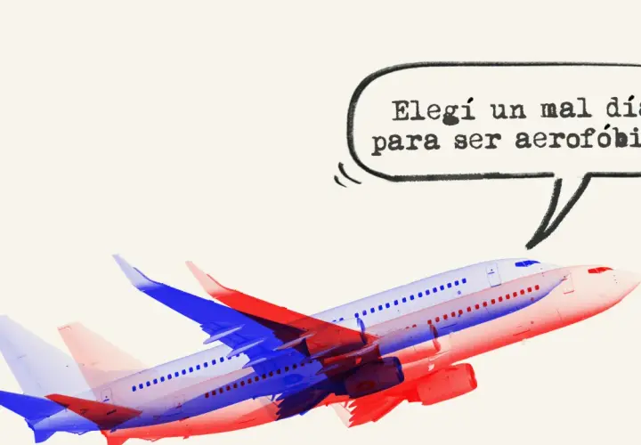 Aviones superpuestos en rojo y azul. Una burbuja de diálogo dice: "Elegí un mal día para ser aerofóbico". Frases para perder el miedo a volar.