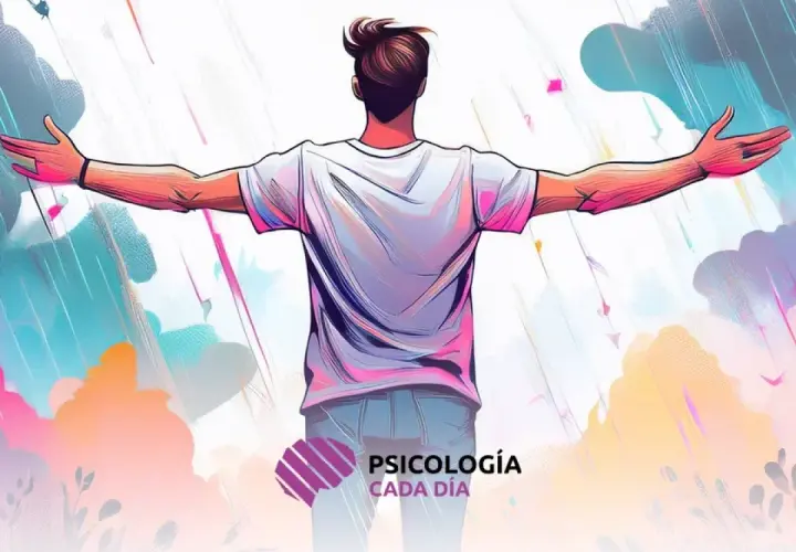 Hombre con brazos extendidos, abrazando la lluvia de colores. Un símbolo de cambio de perspectiva y aceptación.