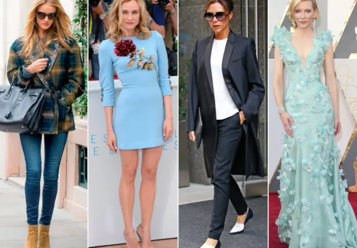 Cuatro mujeres muestran estilos de dress code elegante: casual chic, vestido floral, traje sastre y vestido de gala.