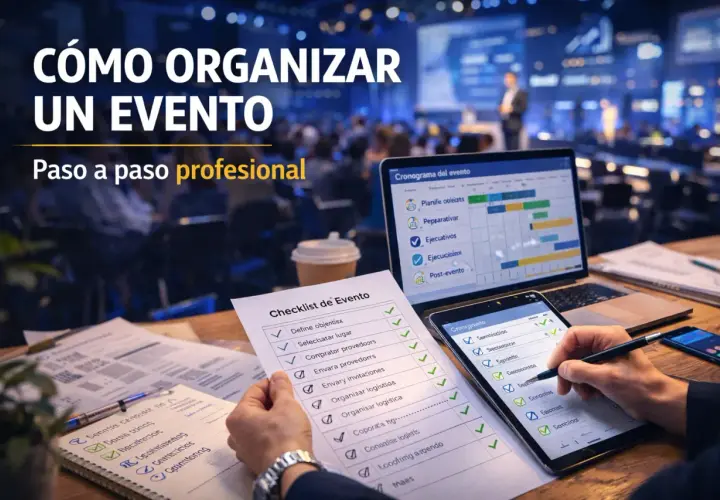 Una organizadora de eventos revisa listas y cronogramas en una laptop y tablet, preparándose para un evento profesional.