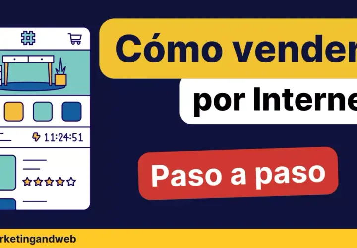 Ilustración de un teléfono móvil mostrando un escritorio y un carrito de compras, con el texto "Cómo vender por Internet paso a paso", ideal para el desarrollo de ecommerce.