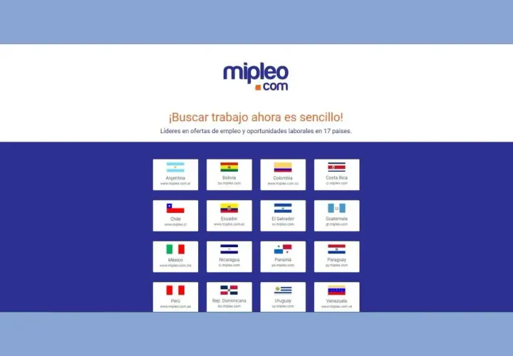 Página web de Mipleo.com, con el lema "¡Buscar trabajo ahora es sencillo!". Muestra banderas y enlaces a aplicaciones para buscar trabajo en España y otros 16 países.