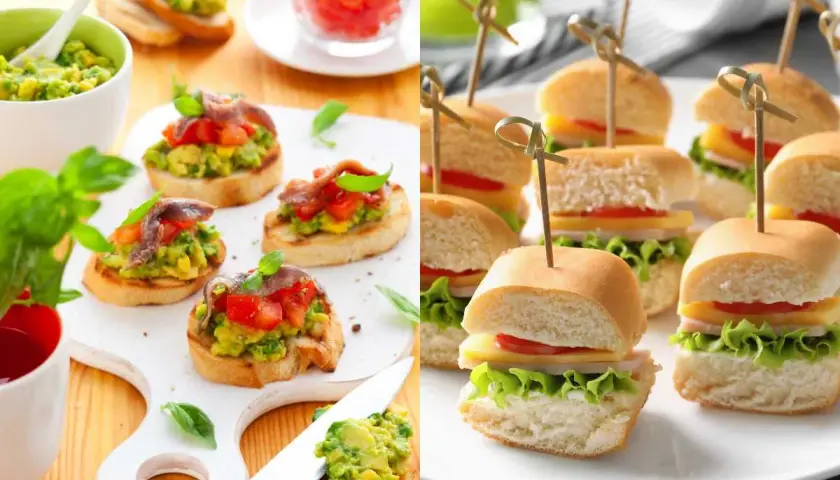 Deliciosos aperitivos para comuniones: bruschettas con aguacate y anchoas, y mini hamburguesas con queso y lechuga.