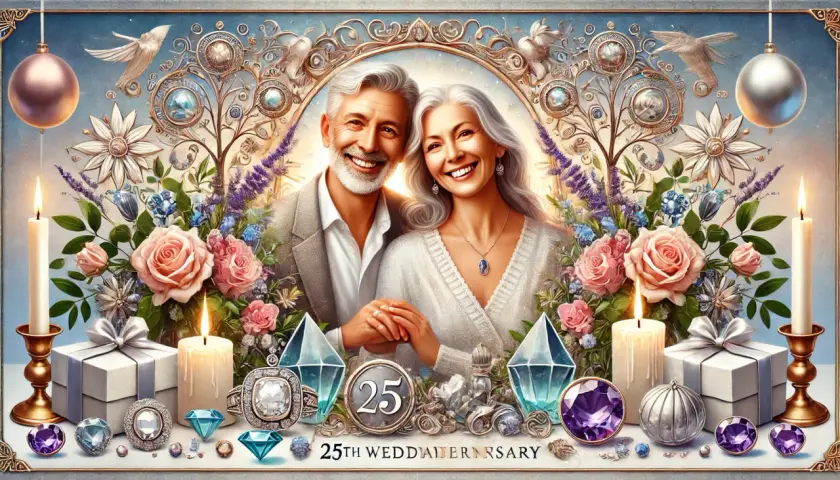 Pareja sonriente celebra 25 años de casados. Ideas para bodas de plata: regalos, joyas y flores adornan la escena.