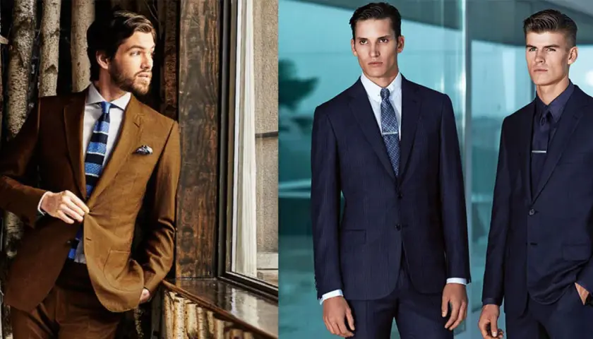 Hombres con trajes elegantes, uno marrón y dos azul marino, listos para un dress code gala.