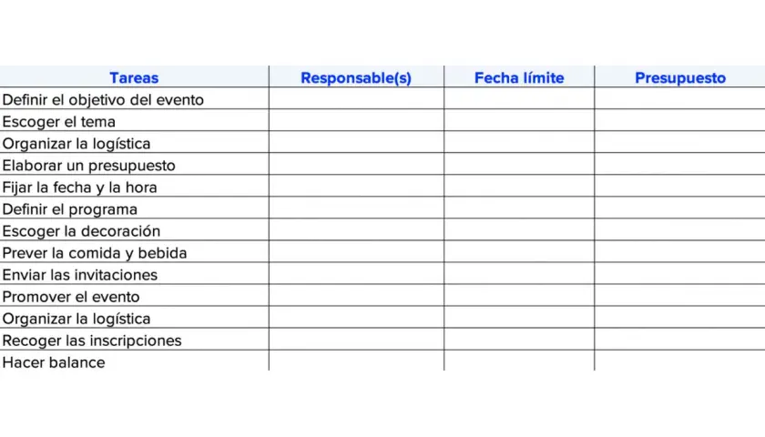Tabla de planificación para eventos corporativos, detallando tareas como definir objetivos, logística, presupuesto y promoción.