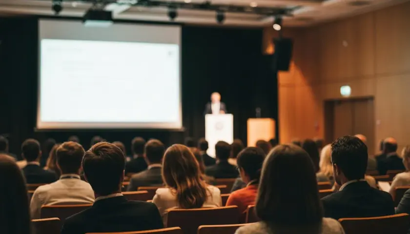 Asistentes en una sala de conferencias, escuchando atentamente a un orador en el escenario durante una **convención empresarial**.