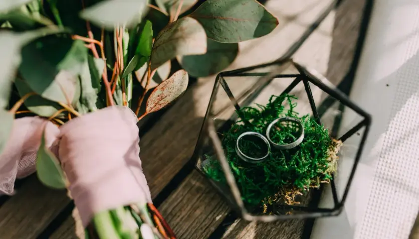 Anillos de boda en musgo verde dentro de un terrario de vidrio, junto a un ramo con tela rosa. Celebrando 5 años de casados.