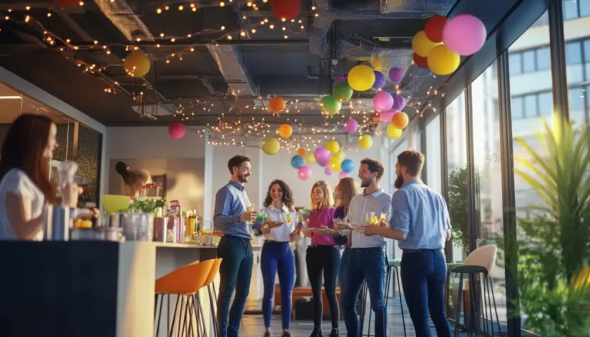 Gente celebrando en una fiesta de oficina, con globos y luces. Un ejemplo de eventos corporativos alegres.
