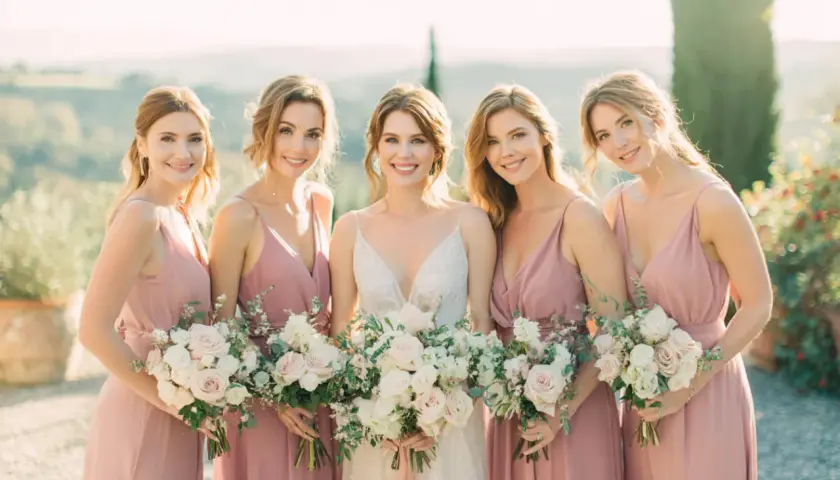Novia sonriente con su damo de honor, todas con vestidos rosas y ramos de flores.