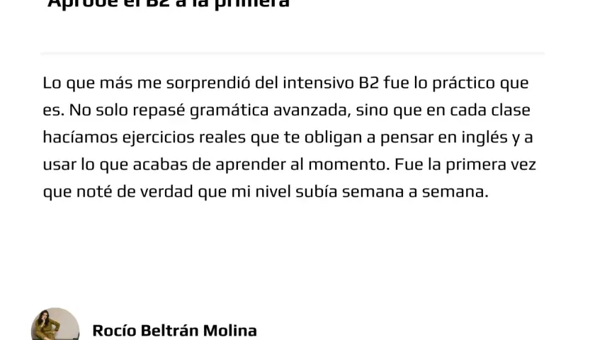Testimonio de Rocio: "Aprobé el B2 a la primera". El mejor curso inglés B2 online gratis, práctico y con ejercicios reales.