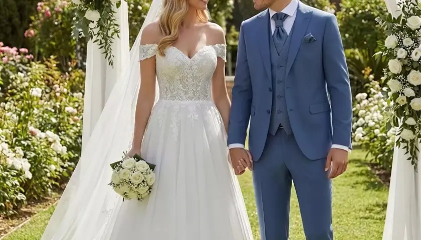 Novia con vestido blanco y novio con traje azul, perfectos para el dress code bodas.