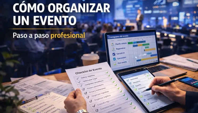 Una organizadora de eventos revisa listas y cronogramas en una laptop y tablet, preparándose para un evento profesional.