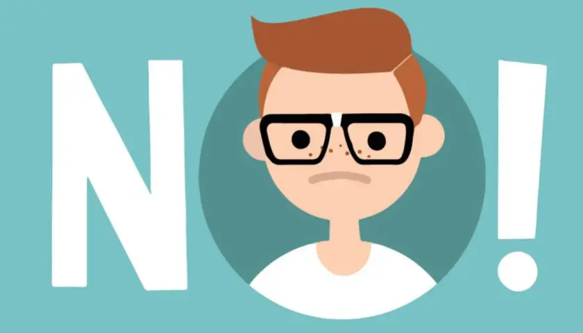 Chico con gafas y pecas, rodeado por la palabra "NO!". Aprende a decir no con ejemplos claros.