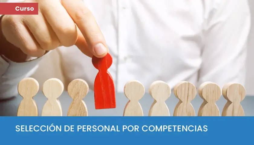 Curso de selección de personal. Mano elige figura roja entre otras de madera. Modalidad online.